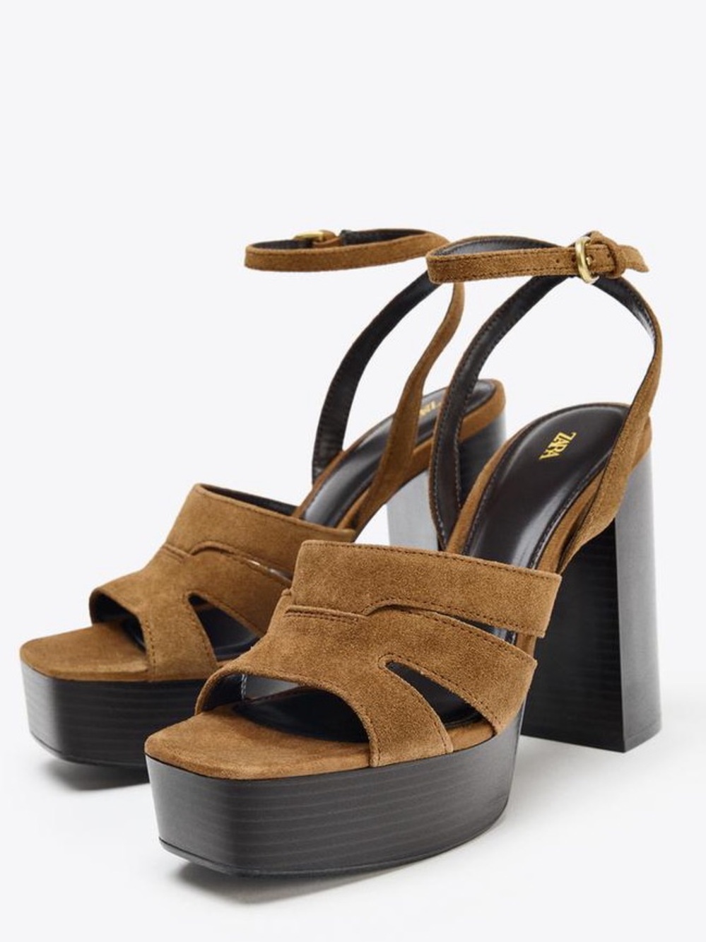 Zara Brown Suede Platform Block Heel Sandals with Ankle Strap. 9